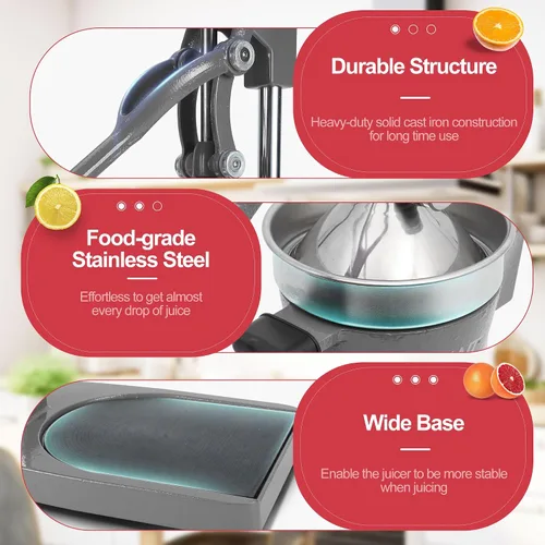Miniatura 4 de Máquina Exprimidora Manual de Frutas Cítricas de Hierro Fundido Comercial de Servicio Pesado de 18 Pulgadas de Altura con Prensa de Mano para Gris