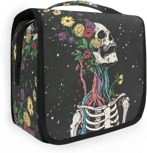Miniatura 16 de MNSRUU Neceser colgante con diseño de calavera y girasol, bolsa de maquillaje de viaje para artículos de tocador, organizador de artículos