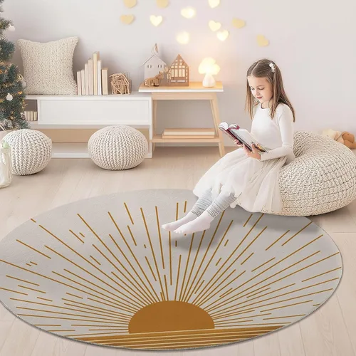Miniatura 5 de Bath Mat Round Rug 2 ft, Boho Sun Line Mandala Washable Circular Rugs, Non Slip Absorbent Beige Circle Area Carpet for Kitchen Living Room Bedroom