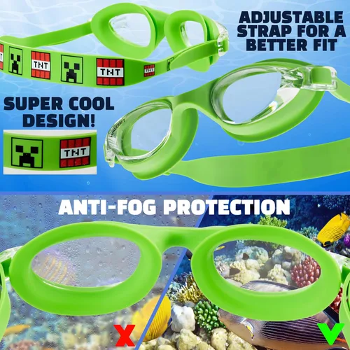 Miniatura 4 de Get Trend Gafas de natación y gorro de natación para niños y adolescentes, antivaho con protección UV Minecraft verde