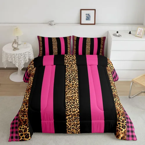 Miniatura 17 de Juego de edredón Manfei Leopardo Rosa Tamaño Individual, Juego de ropa de cama con estampado de cebra negro y blanco 2 piezas para decoración