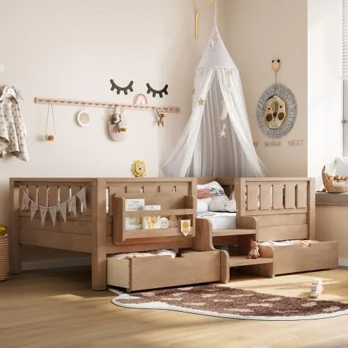Miniatura 22 de Bellemave Cama Montessori de tamaño Queen con 2 cajones y estantería, camas de suelo para niños con barandillas de seguridad y escaleras, marco
