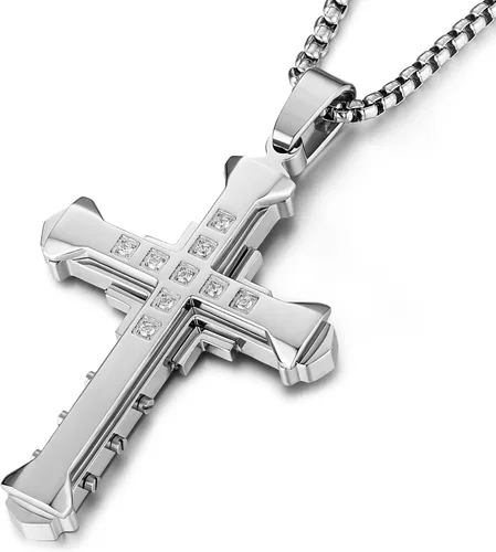 HZMAN Religion - Collar con colgante de cruz de circonita cúbica de acero inoxidable bizantino grande para hombre, cadena de 22 + 2 pulgadas