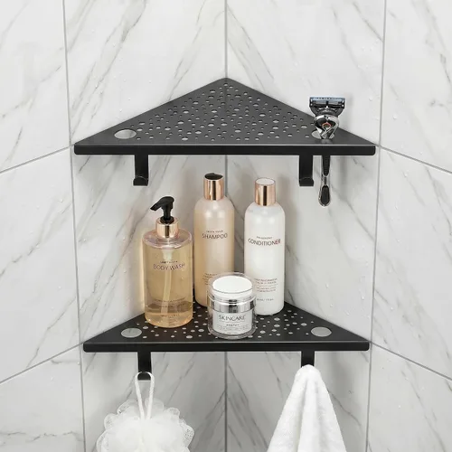 HIDROP 2 Pack Corner Shower Shelves with 4 Hooks & 4 Razor Holes, 10" Matte Black Stainless Steel Bathroom Corner Shelf, Embed into Tile Gap Shower
