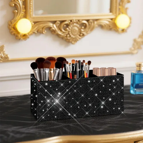 Miniatura 7 de Bling - Organizador de brochas de maquillaje, 3 ranuras para cosméticos, soportes de almacenamiento con diamantes de imitación brillantes, bonito