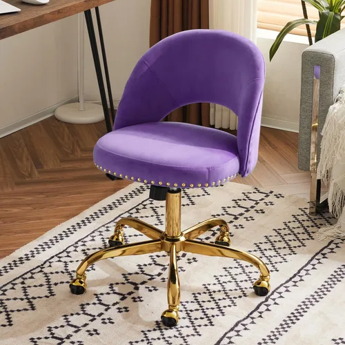 Miniatura 18 de VINGLI Silla de Oficina Pequeña de Terciopelo Moderna, Linda Silla de Escritorio con Ruedas, Base/Tachuelas Doradas, Cómoda Silla Giratoria sin Beige
