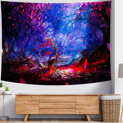 Miniatura 3 de Delur Tapiz de bosque de fantasía, árbol de la vida, mágico cuento de hadas encantado, tapiz para colgar en la pared, tapiz místico psicodélico