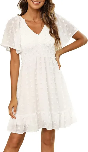 Annebouti Vestido de verano 2024 para mujer, manga cortalarga, dobladillo con volantes, cuello en V y lunares suizos
