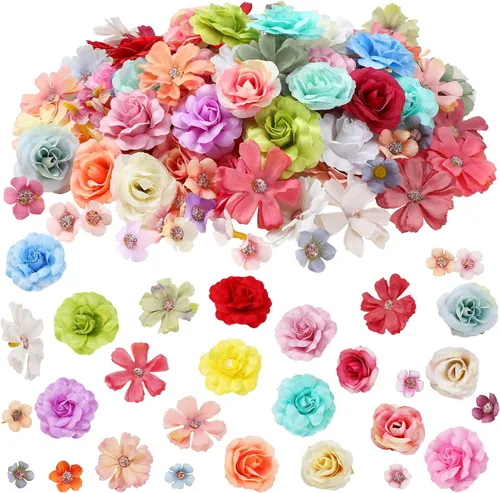 Miniatura 7 de Hoteam 100 cabezas de flores artificiales decorativas, pequeñas artesanías florales sintéticas, mini margaritas y ciruelas para bodas, pasteles, Día