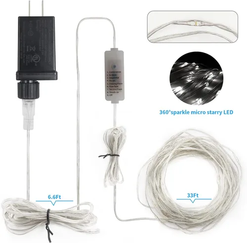 Miniatura 7 de 2 paquetes de luces de hadas en forma de cuerda enchufables, 33 pies, 100 micro estrellas LED impermeables para exteriores con 8 modos