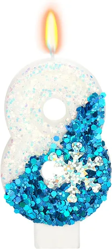 Miniatura 24 de Velas temáticas de cumpleaños de nieve congelada, vela de cumpleaños número 4 para suministros de fiesta, decoración de fiesta de cumpleaños Azul