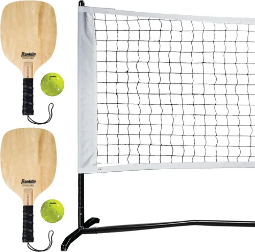 Franklin Sports Juego de red de pickleball portátil para exteriores, (2) paletas + (2) bolas de pickleball, juego de media cancha