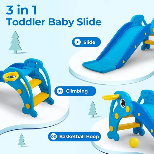 Miniatura 3 de NYEEKOY Tobogán 3 en 1 para niños pequeños, tobogán para bebés, juego de escalador de plástico con aro de baloncesto y pelota, patio de juegos Azul