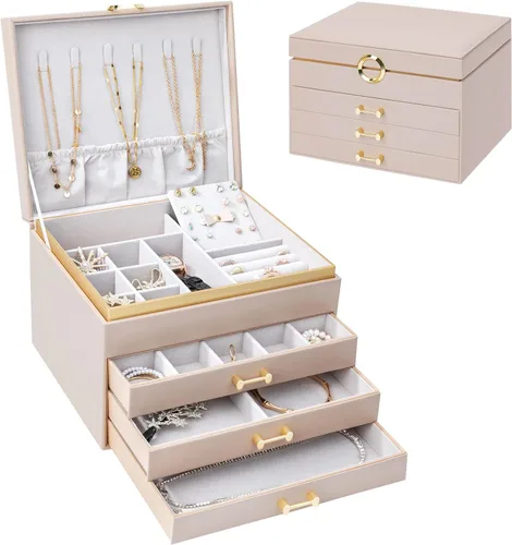 V-LAFUYLIFE Jewelry Box Organizer for Women Girls, 4-Layer Large Jewelry boxes with 3 Drawers Jewelry Storage Case for Earrings Bracelets Necklaces