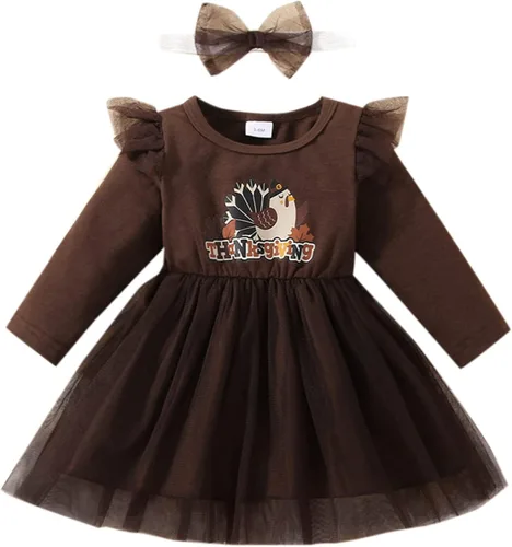 Vestido de Acción de Gracias para niña pequeña vestido de manga larga con volantes vestido de tul de pavo con diadema
