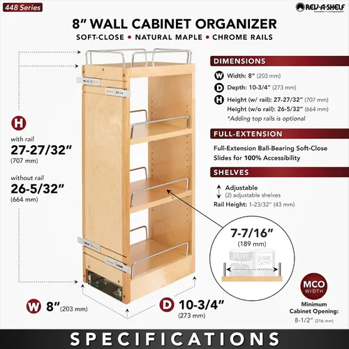 Miniatura 3 de Rev-A-Shelf Organizador de estante extraíble de 8 pulgadas para gabinetes de cocina y baño, estante deslizante de madera para especias o medicinas