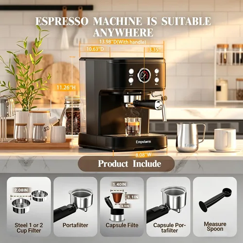 Miniatura 9 de Empstorm Máquina de Espresso de 20 Bar con Espumador de Leche al Vapor, Cafetera de Espresso Compatible con Cápsulas Originales NS 2 EN 1, Máquina