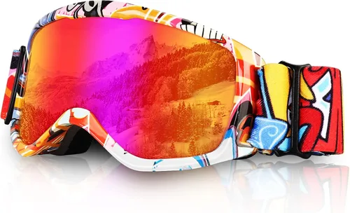 Gafas de esquí para niños, gafas de snowboard para niños y niñas, jóvenes, OTG gafas de esquí antivaho con correa antideslizante Naranja