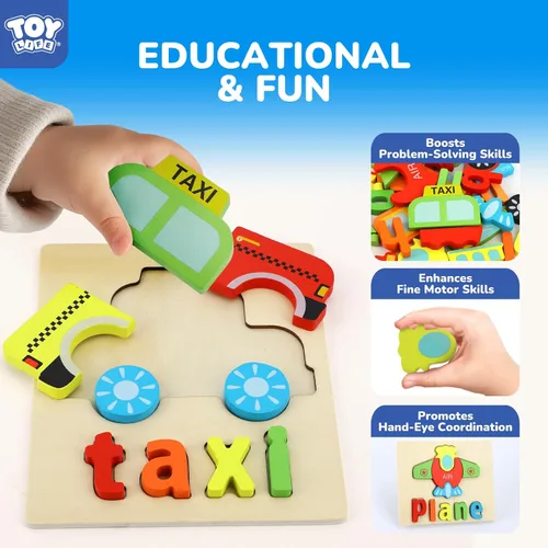 Miniatura 3 de TOY Life Rompecabezas para niños de 2 a 4 años, 4 vehículos con ortografía de madera para niños pequeños de 3 a 5 años, juguetes Montessori, regalos