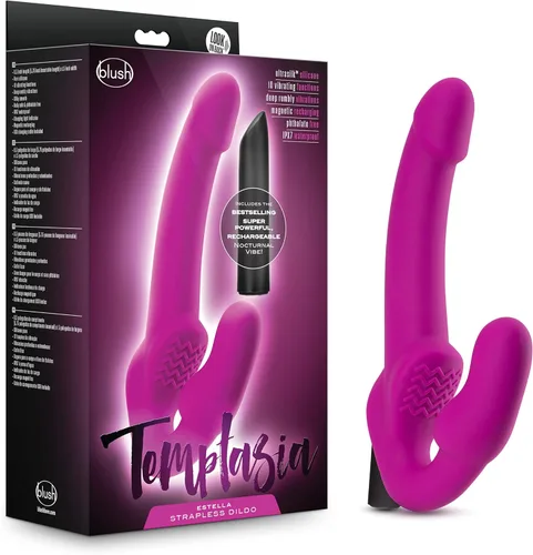 Blush Temptasia Estella - Consolador vibrador curvado de silicona de 9.5 pulgadas, doble extremo sin tirantes, recargable, impermeable, profundo Rosa