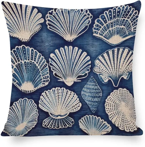 Funda de cojín decorativa de lino para casa de campo, funda de cojín náutica costera, conchas de mar azul, almohadas grandes para sofá o cama, 16 x