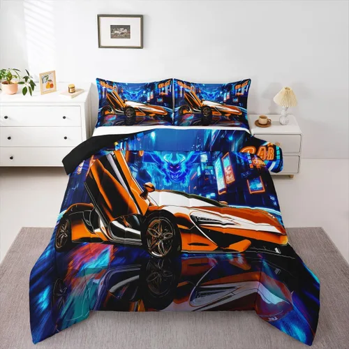 Miniatura 45 de Feelyou Juego de edredón azul de carreras para niños, juego de ropa de cama de coche deportivo para niños y niños, edredón deportivo geométrico a