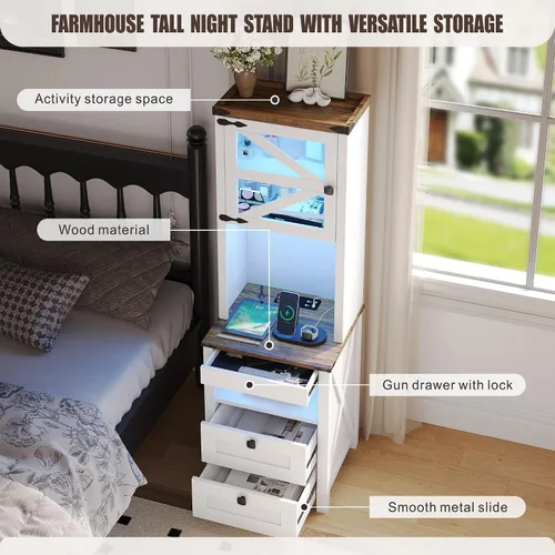 Miniatura 3 de HWB Mesita de noche alta con estación de carga y luces LED, mesita de noche de estilo granja con cajón para armas y estante ajustable, mesa de noche