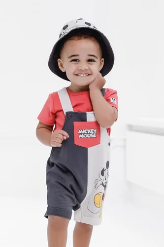 Miniatura 35 de Disney Conjunto de 3 piezas de overoles cortos de rizo francés para bebé, camiseta y sombrero, tallas de recién nacido a bebé (0-24 meses)