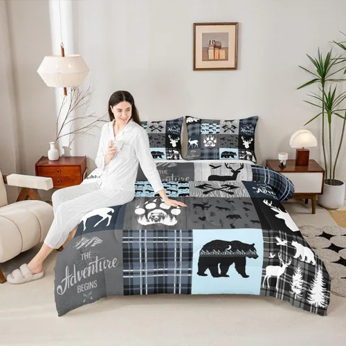 Miniatura 35 de Juego de edredón de oso y ciervo, tamaño individual, ropa de cama de animales salvajes de caza, colcha rústica de cabaña, casa de campo, cuadros
