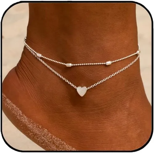 Artmiss Tobilleras en capas para mujer, pulsera de tobillo plateada con dije de corazón y cuentas delicadas, joyería de pie para mujer, tobillera de