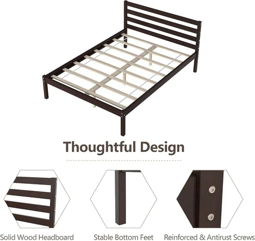 Miniatura 7 de Giantex Base de cama de plataforma de madera, cabecera con paneles, soporte de listones de madera, no necesita resortes, base de colchón de cama
