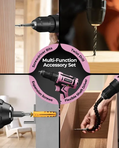 Miniatura 7 de Juego de taladro inalámbrico rosa, taladro eléctrico de 20 V para mujer, destornillador eléctrico ligero con paquete de energía y cargador