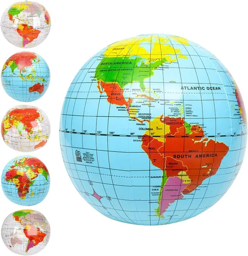 ArtCreativity Juego de 6 bolas inflables de globo del mundo, estampado azul y transparente, mapa de tierra colorido, pelota de playa inflable de 16