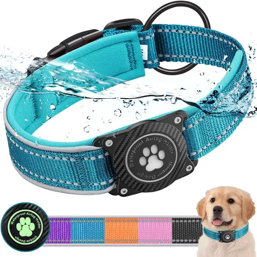 Miniatura 6 de Collar para perro Airtag con soporte impermeable para AirTag, luminoso reflectante, acolchado suave, collar de nailon ajustable para perros Negro