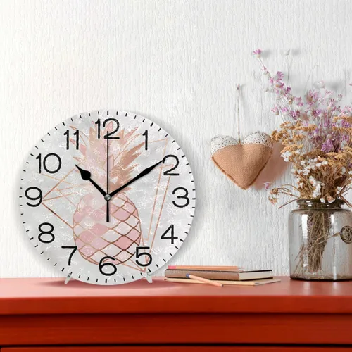 Miniatura 2 de ALAZA Reloj de pared de piña en oro rosa sobre mármol rosa y blanco, funciona con pilas, sin tictac, silencioso, cuarzo analógico, rústico