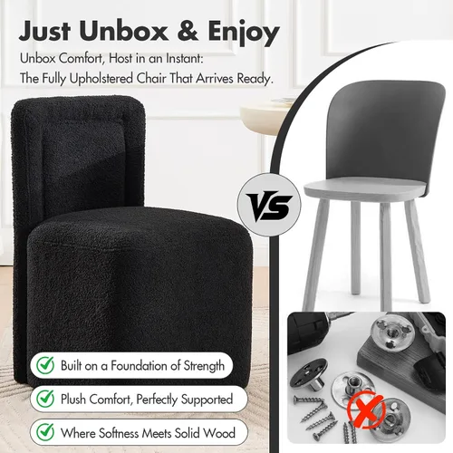 Miniatura 7 de Hyfirm Juego de 2 sillas de comedor tapizadas negras, sillas escandinavas Parsons sin brazos de tela Boucle con cojín de asiento de felpa