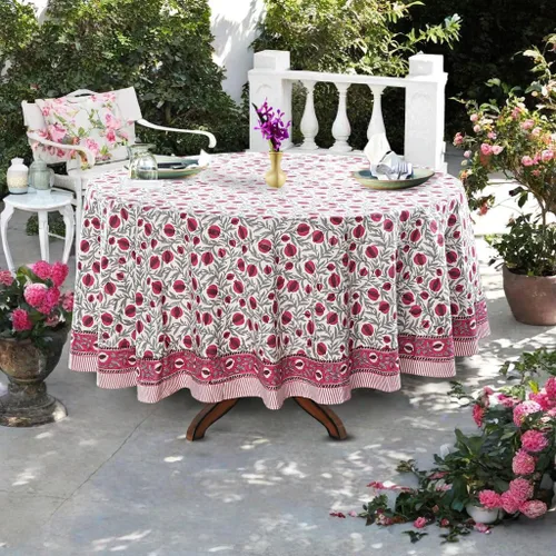 Miniatura 4 de Ridhi Mantel redondo con estampado de bloque a mano, 100% algodón, reutilizable, rojo sangría de 110 pulgadas, mantel decorativo para uso diario