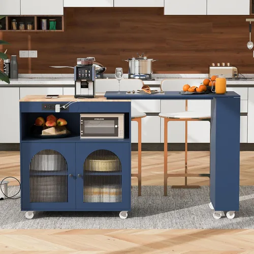 Miniatura 10 de K&K - Isla de cocina rodante con mesa extendida, luces LED, tomas de corriente, 2 puertas de vidrio, compartimento de almacenamiento, 3 estantes