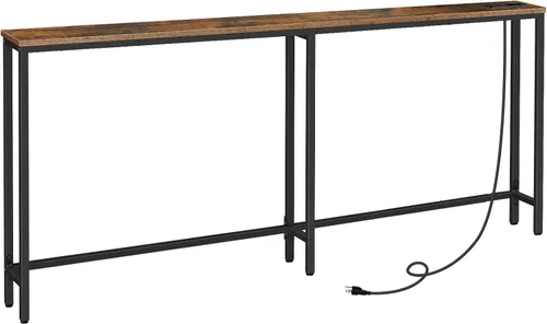 Miniatura 11 de HOOBRO - Mesa de consola estrecha de 63" con estación de carga, mesa de sofá de 5.9" con 2 tomas de corriente y puertos USB, mesas largas de entrada