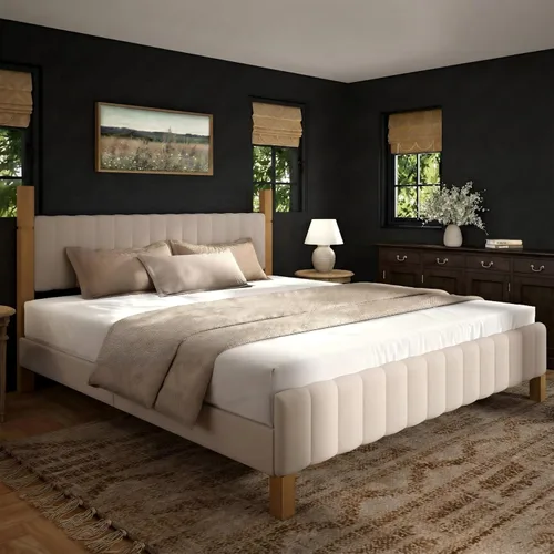 Miniatura 9 de Yechen Base de cama Queen con cabecero, marco de cama de madera con postes de madera maciza, no necesita somier, lino beige Sábanas beige