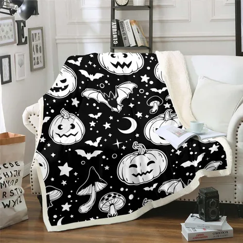 Miniatura 21 de Erosebridal Manta gótica de murciélagos de Halloween, manta de forro polar blanco y negro de 40 x 50 pulgadas, silueta vintage para niños, sombras