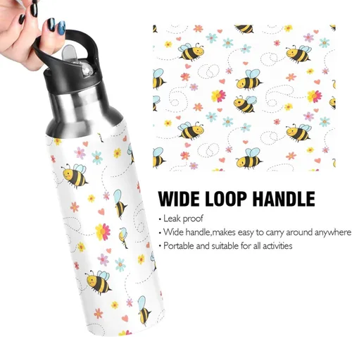 Miniatura 4 de BPA-Free Sports Water Bottle 20 Oz, Stainless Steel Vacuum Insulated Water Bottle for Gym Outdoor Travel School, Cute Cartoon Bees Floral White