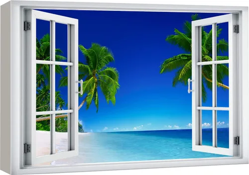 Miniatura 7 de wall26 Lienzo impreso para pared, vista de ventana a barco y playa tropical, isla de naturaleza, desierto, fotografía, realismo, paisaje rústico