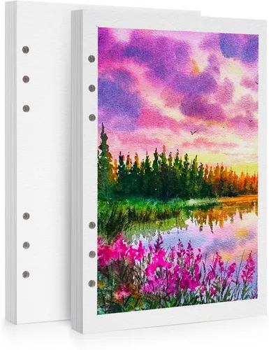 Miniatura 10 de LIGHTWISH Papel de acuarela a granel, 100% algodón prensado en caliente 300gsm/140lb, paquete de 2, total 40 hojas A5 con agujeros perforados, papel