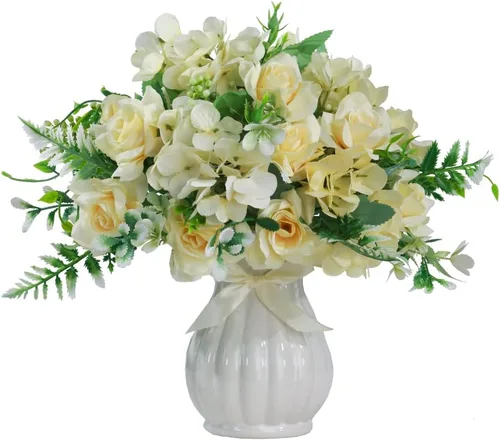 LESING Ramos de flores artificiales de hortensias de seda con jarrón, flores falsas rústicas para decoración del hogar, centro de mesa (champán)