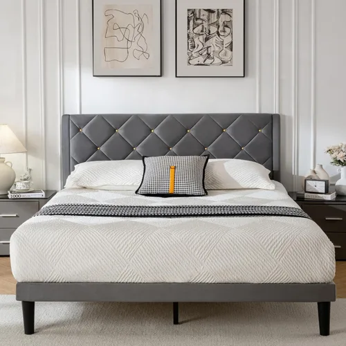 Miniatura 9 de Base de cama de plataforma de tamaño matrimonial con cabecera de terciopelo, soporte de listones de madera resistente, base de colchón, no requiere