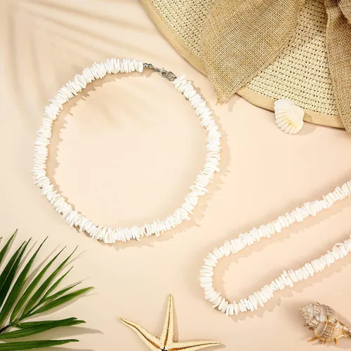 Miniatura 6 de Paquete de 3 collares de concha de Puka, collar de surfista de almeja, collar blanco, gargantilla hawaiana, joyería de playa con cadena extendida