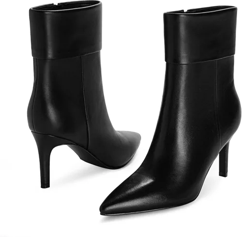 Miniatura 4 de Modatope Botas de cuero para mujer, con punta puntiaguda, tacón alto, botines plegables para mujer