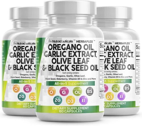 Clean Nutraceuticals Aceite de orégano Extracto de ajo, aceite de semilla negra de hoja de olivo, suplemento de apoyo inmunológico y salud digestiva