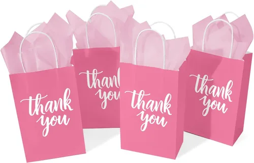 Miniatura 2 de DjinnGlory Paquete de 50 pequeñas bolsas de regalo de papel rosa con asas de 9 x 5.5 x 3.15 pulgadas y 50 papel de seda rosa para recuerdos